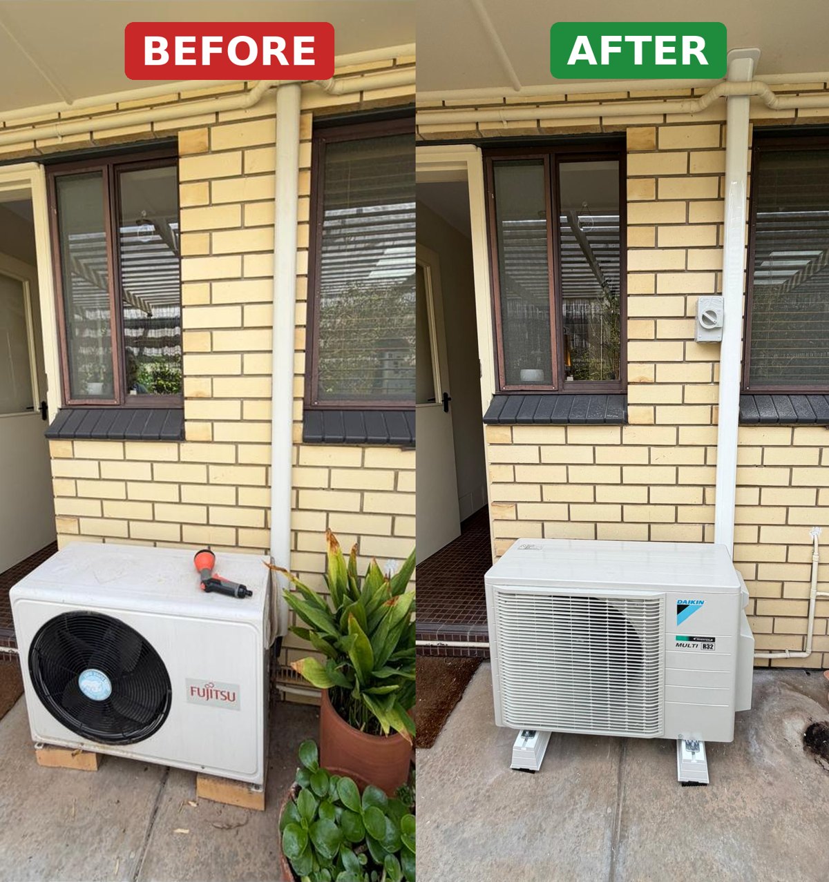 Before and after: old Fujitsu outdoor unit replaced with a new Daikin multi-split unit on brackets