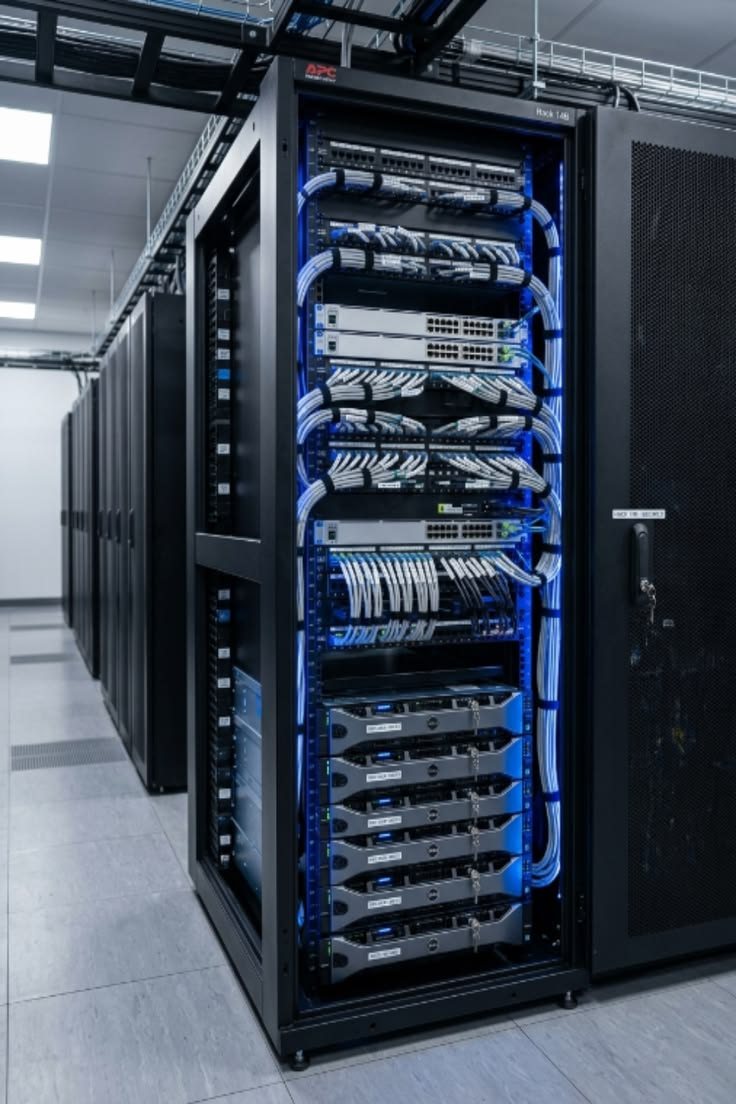 Network comms rack with neatly dressed patch cabling and switches